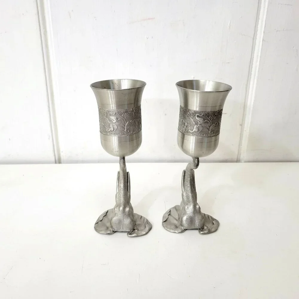 Elephant-Themed Pewter Wine Goblets Pair - Picture 2 of 11